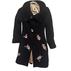 Y2K Apparel USA Black Wool Blend Coat Pink Floral Embroidered Princess Pea Coat‎